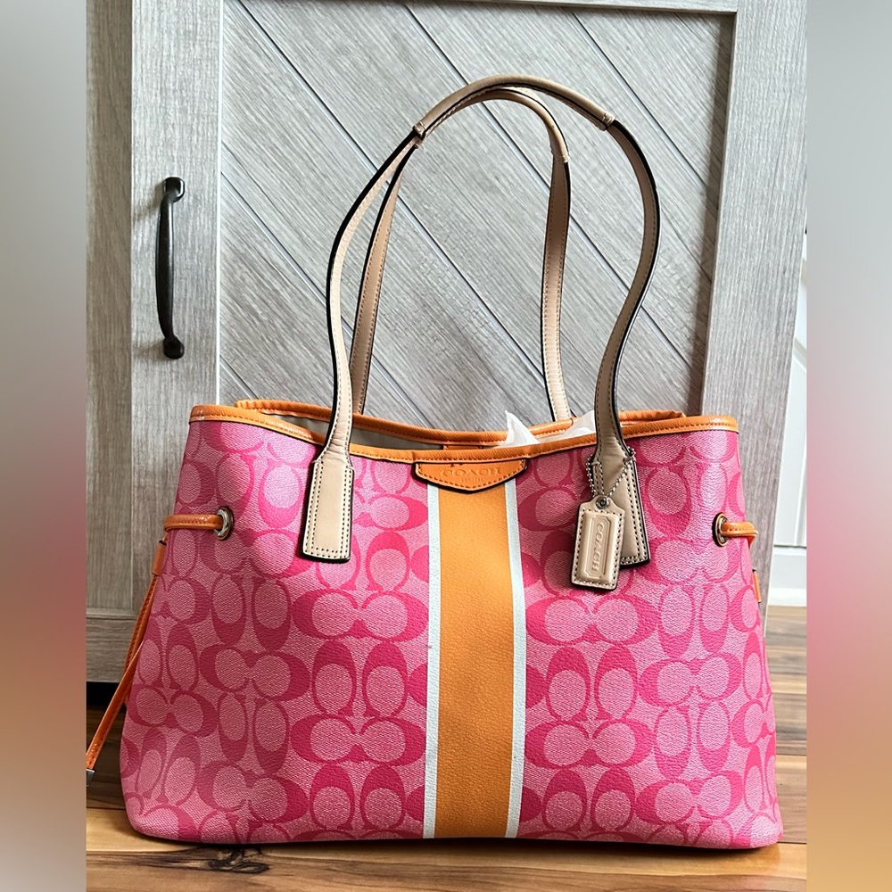 Coach Signature Stripe Drawstring Tote
